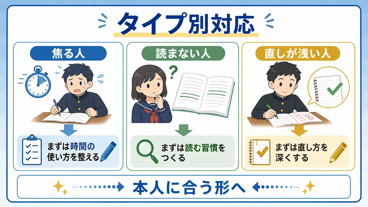 焦る人、問題文を読まない人、直しが浅い人に合わせて対応を変える図
