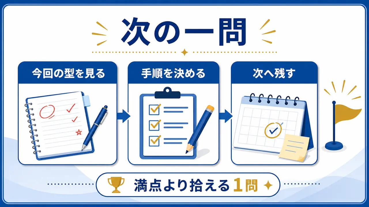 次のテストで拾える1問を増やすためにミスの型、手順、次回への記録を整理する図