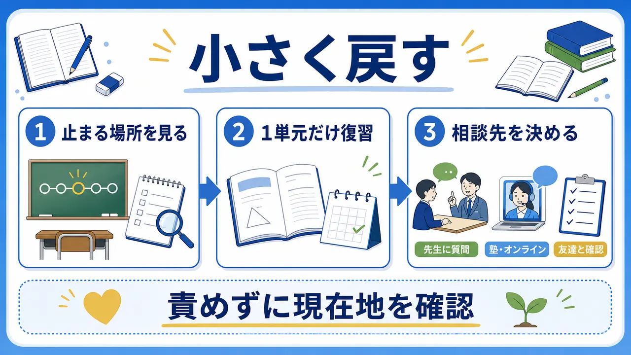 授業についていけないときに止まる場所、1単元復習、相談先を確認する図