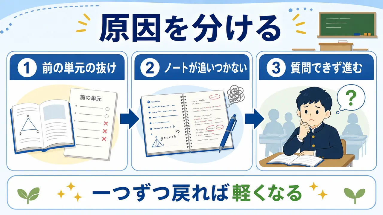 授業が分からなくなる原因を前の単元、ノート、質問不足に分けて示す図
