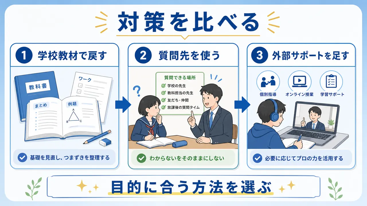 授業理解を戻す対策を学校教材、質問先、外部サポートで比べる図