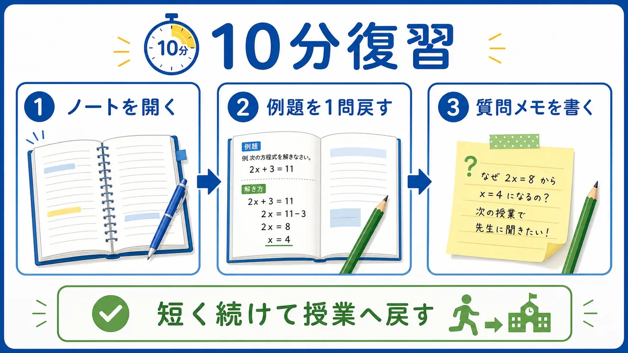 授業ノート、例題、質問メモを使った10分復習の手順を示す図