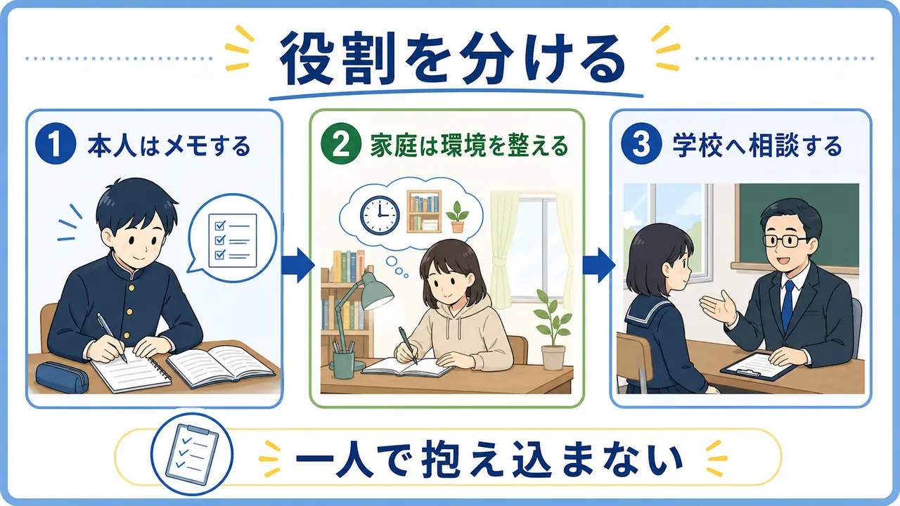 授業についていけないときに本人、家庭、学校の役割を分ける図