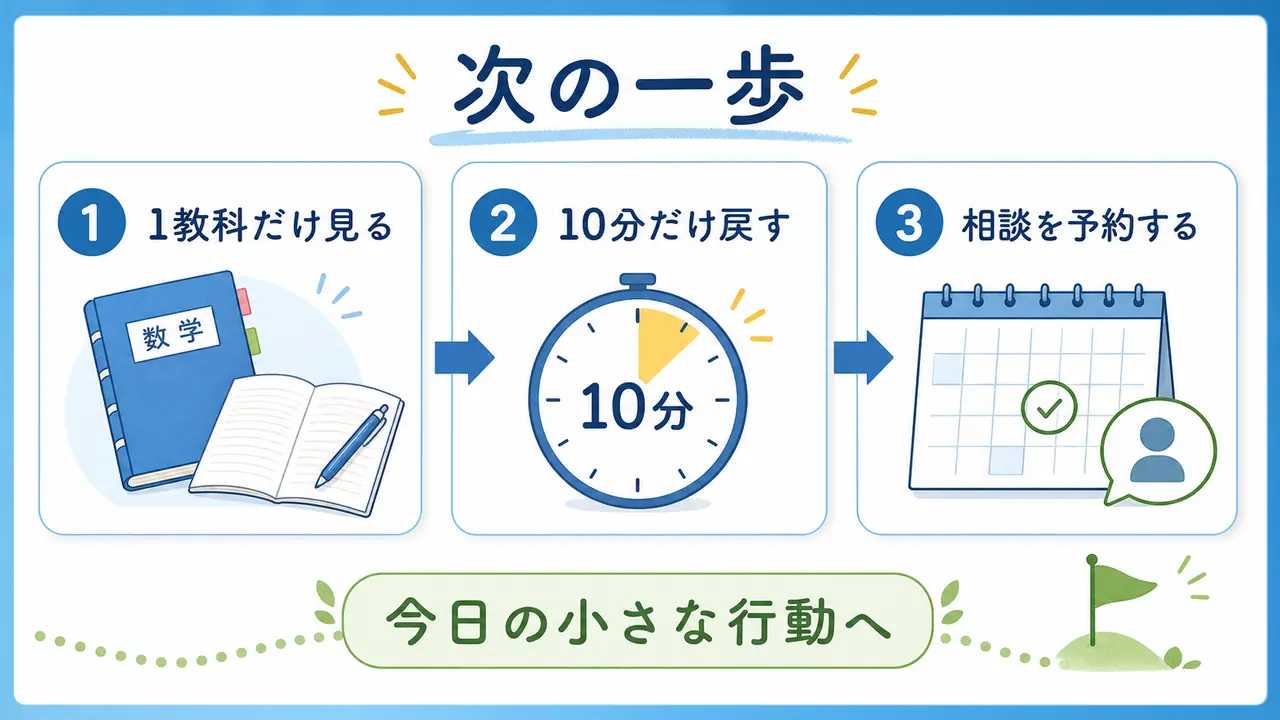 授業についていけないときの次の一歩を1教科、10分復習、相談に分ける図