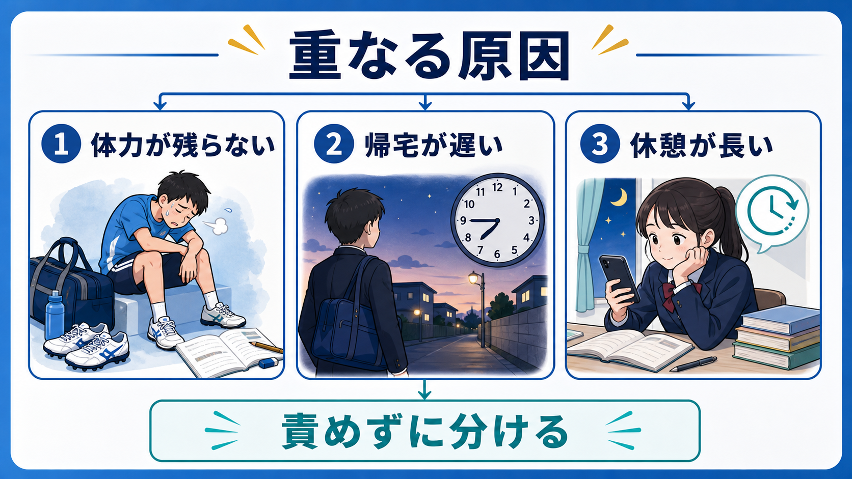 部活と勉強が両立しにくい理由を体力、帰宅時間、休憩の長さに分けた図