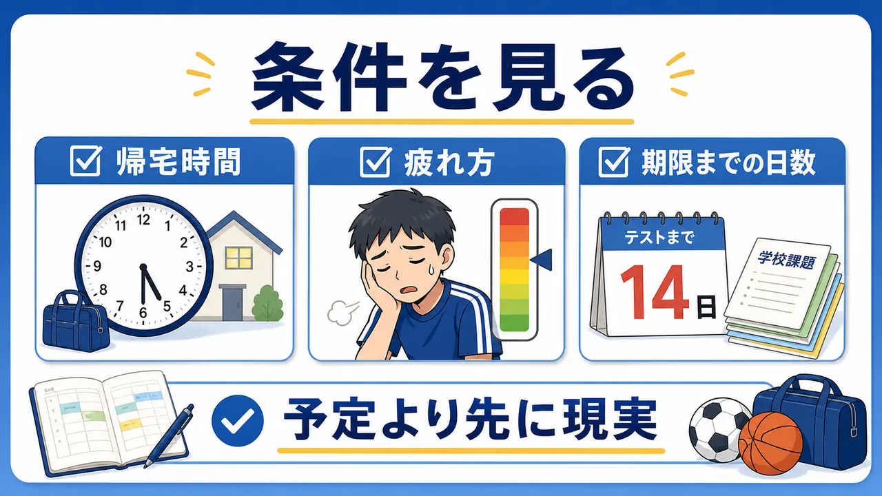 部活と勉強の計画前に帰宅時間、疲れ方、期限までの日数を確認する図