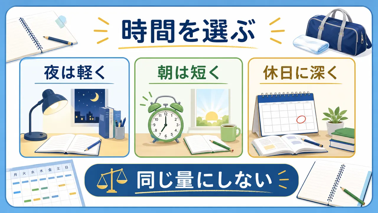 部活がある日の夜、朝、休日で勉強時間の作り方を比較する図