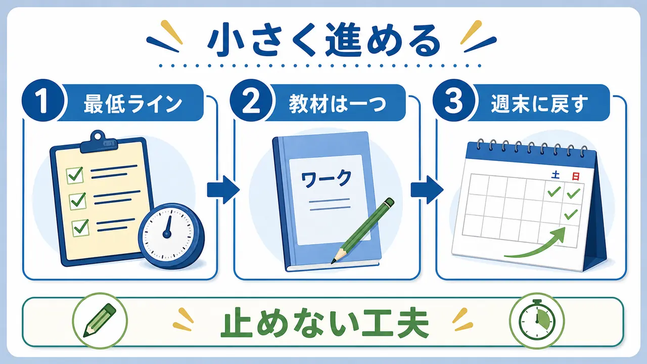 部活と勉強を両立するために最低ライン、教材一つ、週末の戻しを決める手順図