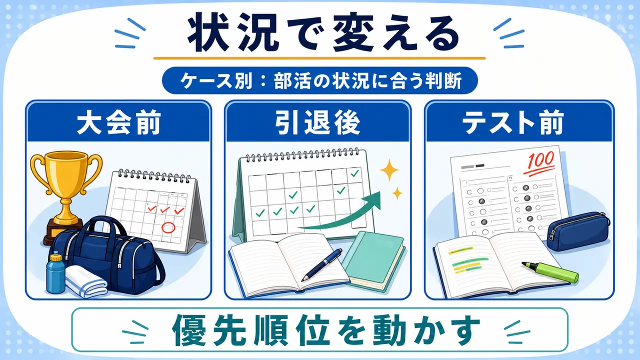 大会前、引退後、テスト前で部活と勉強の優先順位を変える図