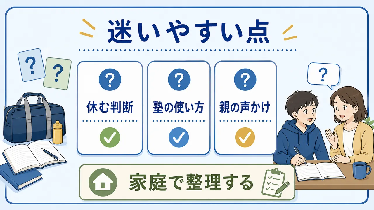 部活と勉強の両立で迷いやすい休む判断、塾の使い方、親の声かけを整理した図