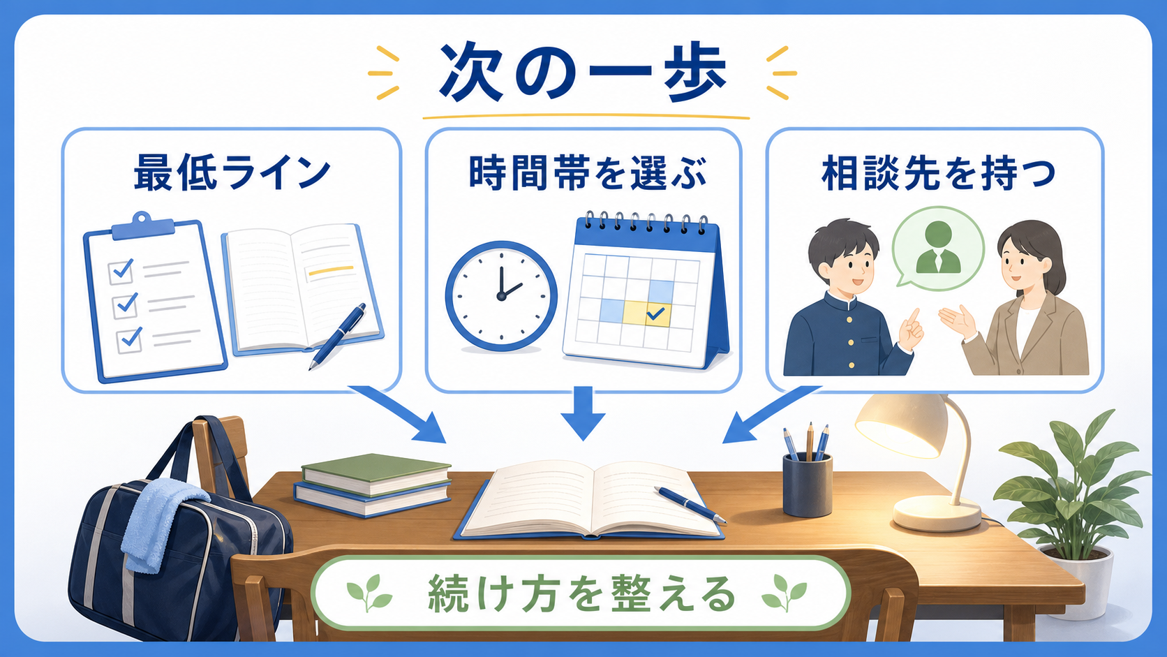 部活を続けながら勉強を戻すための最低ライン、時間帯、相談先を示した図