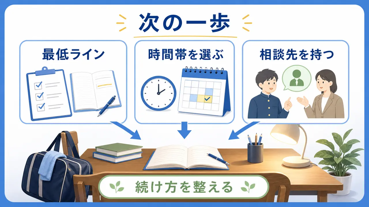 部活を続けながら勉強を戻すための最低ライン、時間帯、相談先を示した図