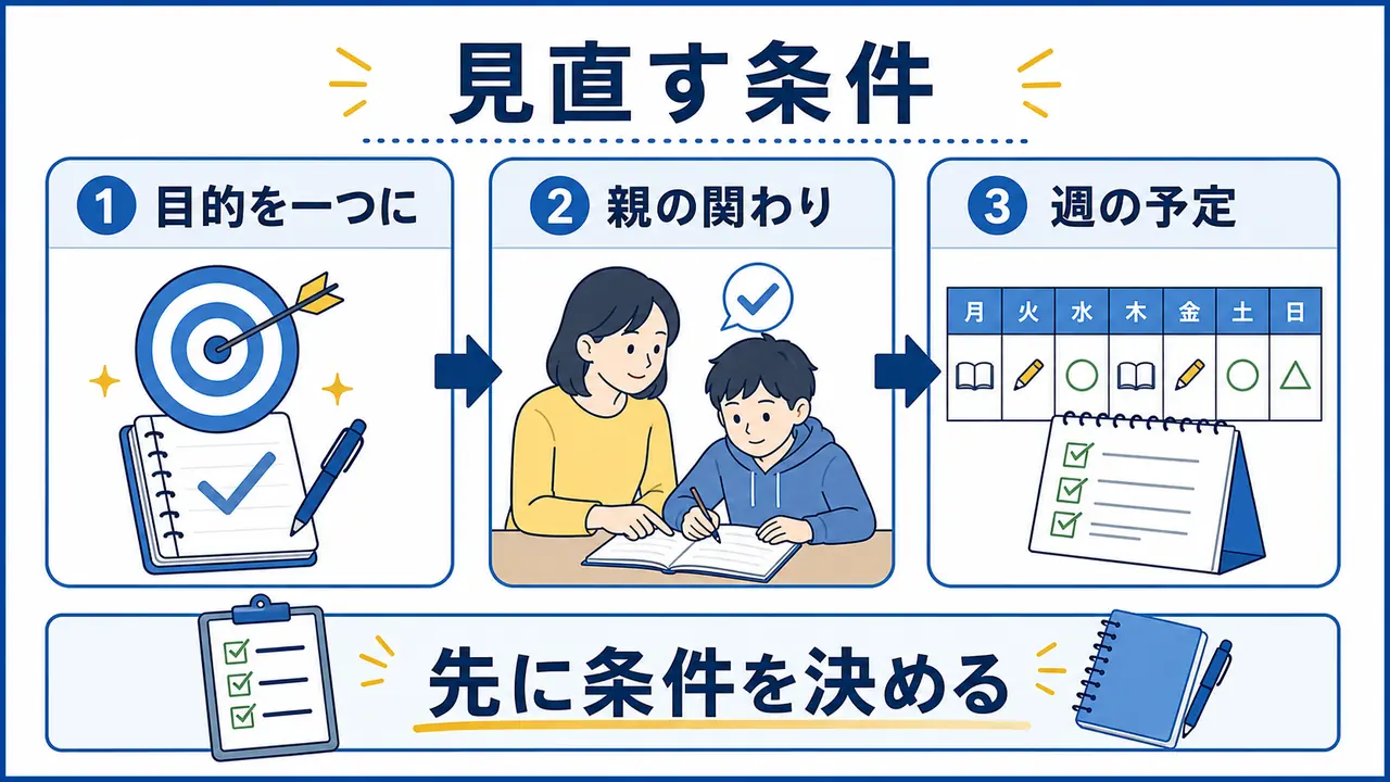 通信教育をやめる前に、目的、親の関わり、週の予定を見直す要約画像