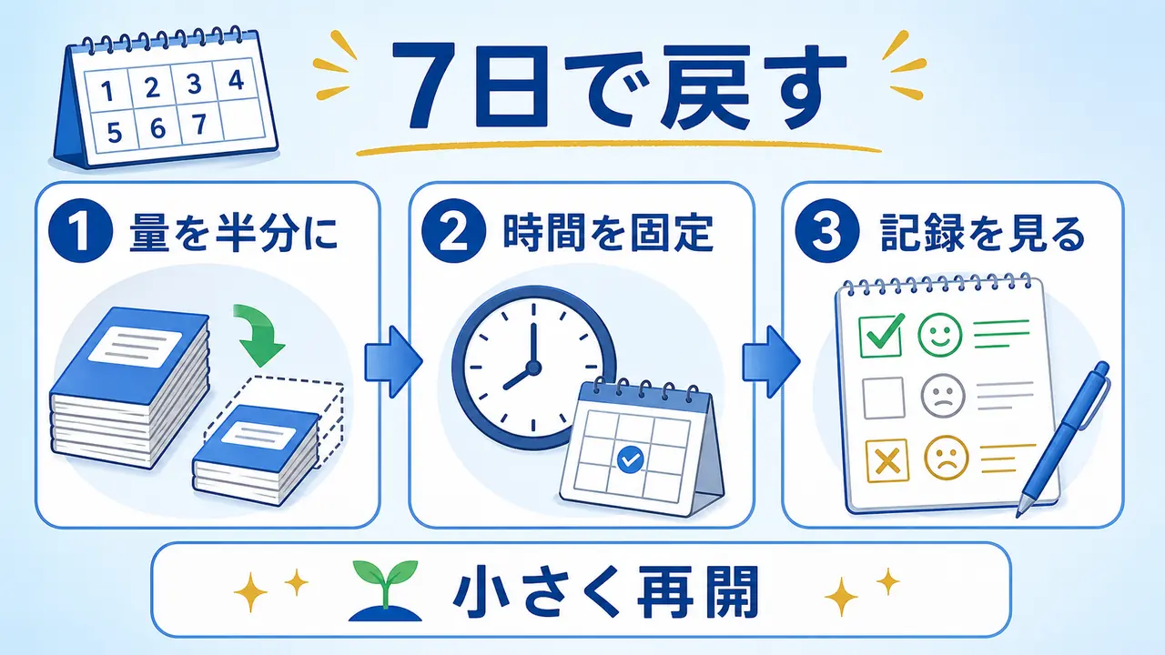 通信教育を7日間で小さく再開するために、量を半分にし、時間を固定し、記録を見る要約画像