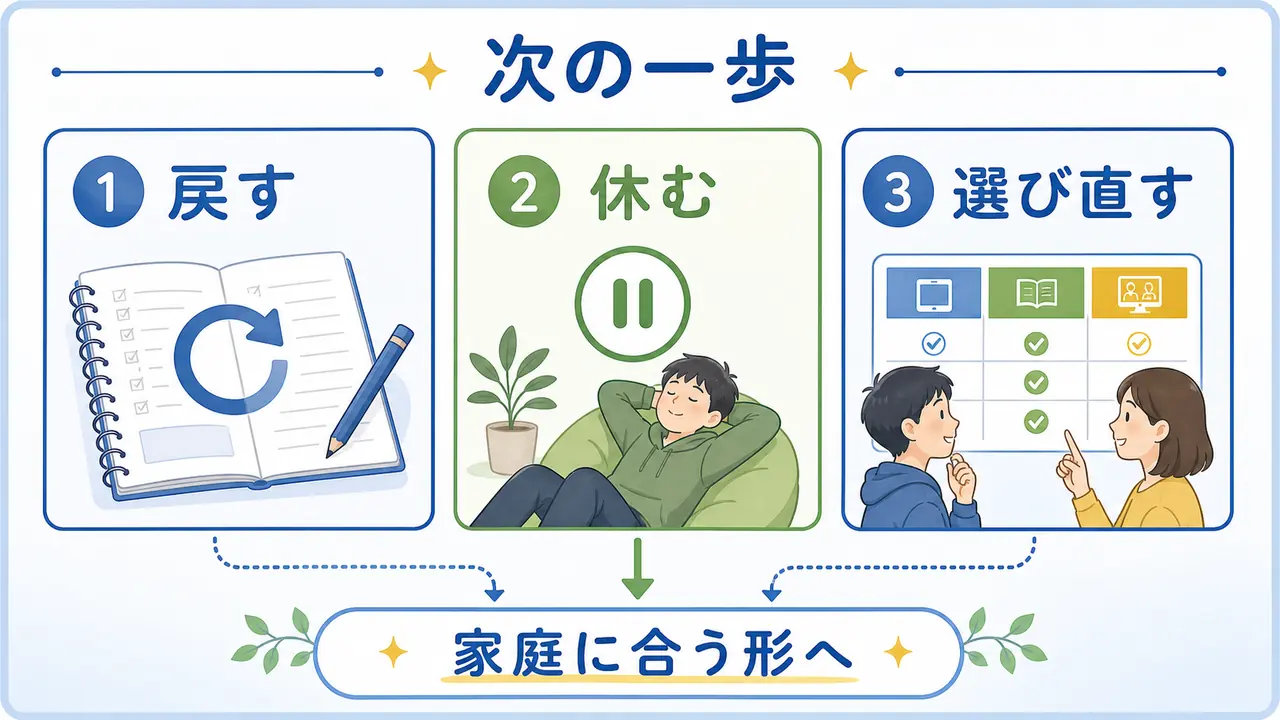 通信教育を戻す、休む、選び直す三つの次の一歩に整理する要約画像