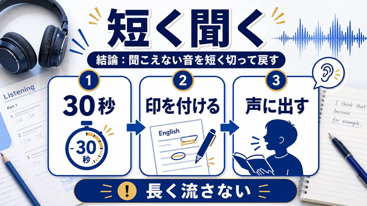英語リスニングを短い音声に切って確認する図