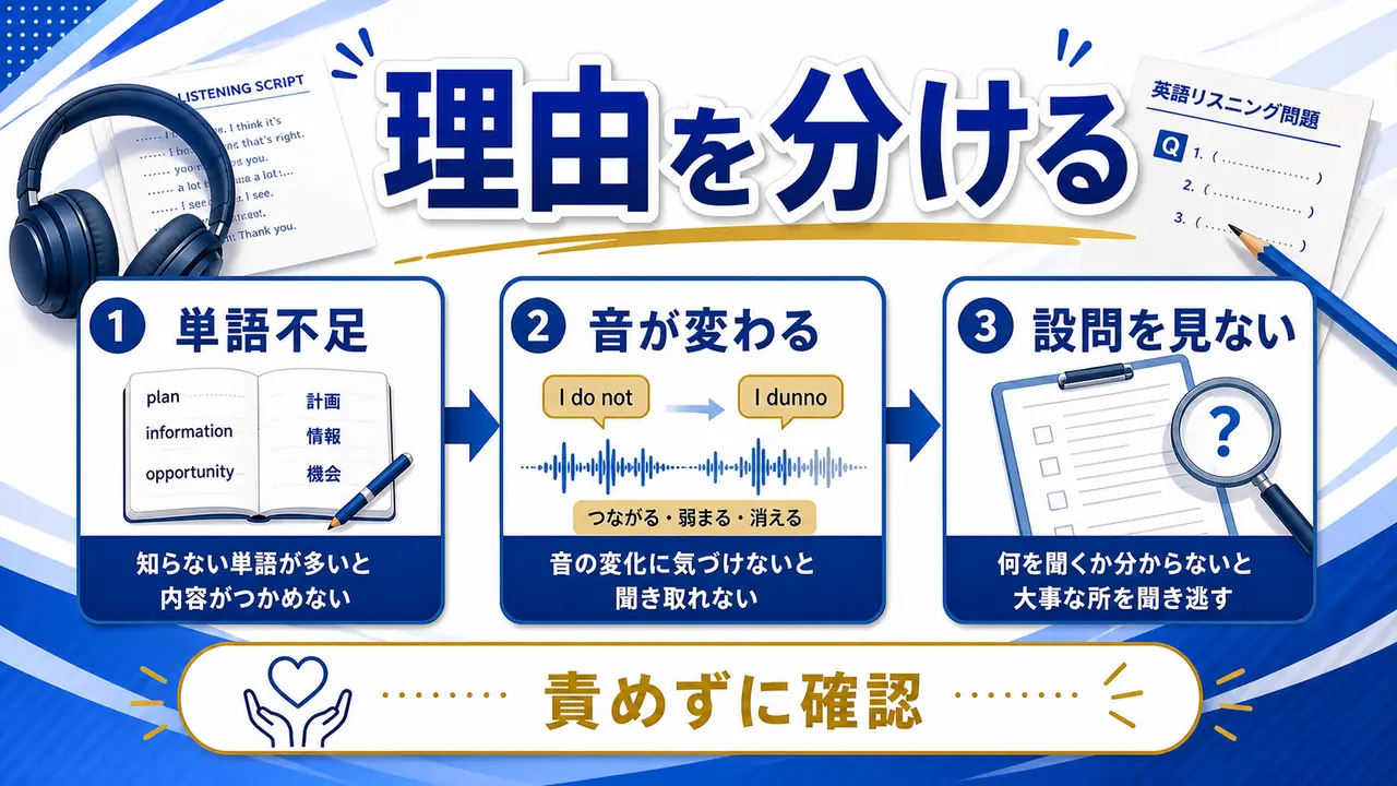 単語、音の変化、設問、集中切れを分ける図