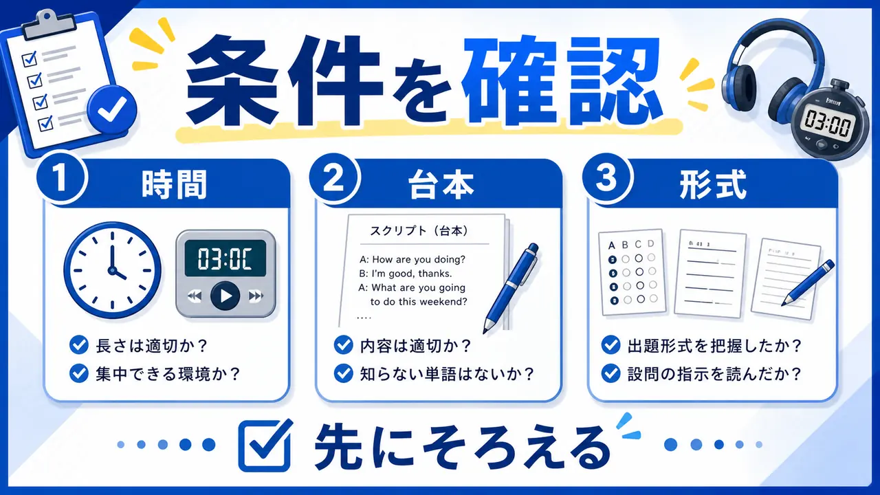 音声時間、スクリプト、問題形式、聞き直し回数を確認する図