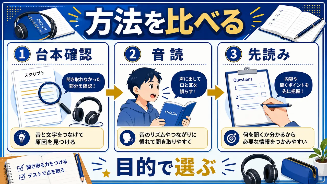 スクリプト確認、シャドーイング、設問先読み、音読を比較する図