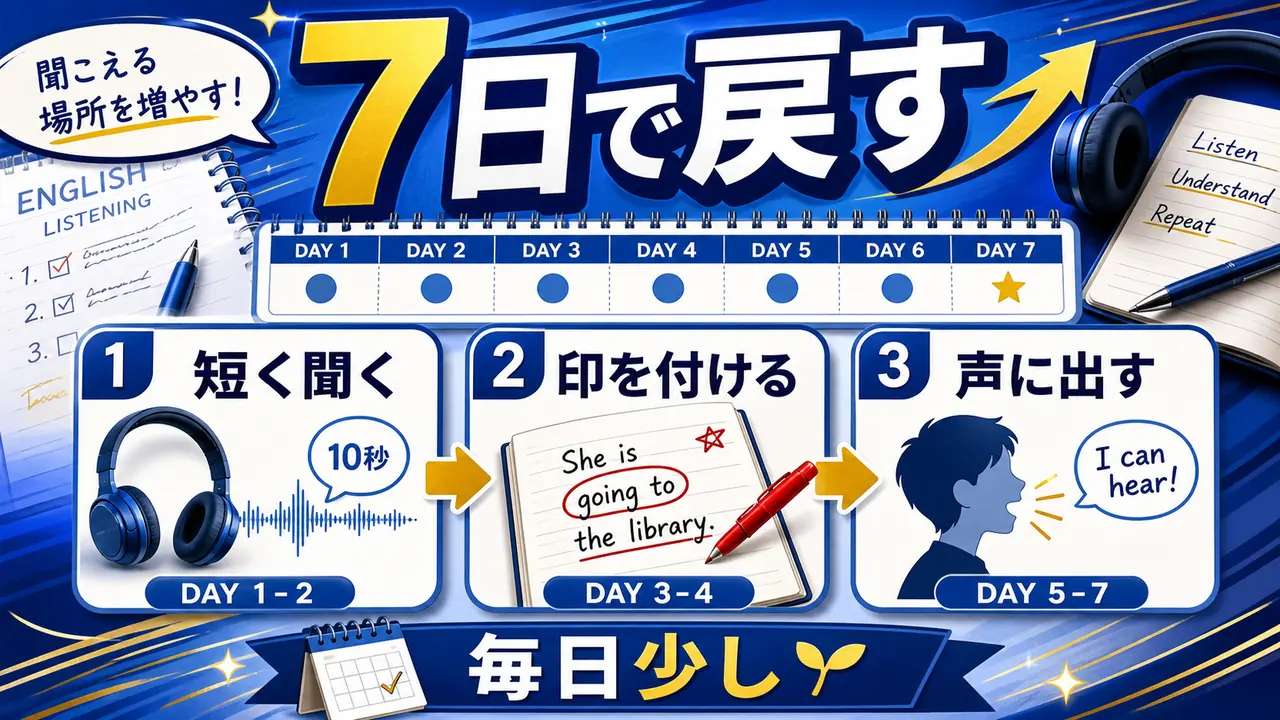 英語リスニングを7日間で短く戻す手順図