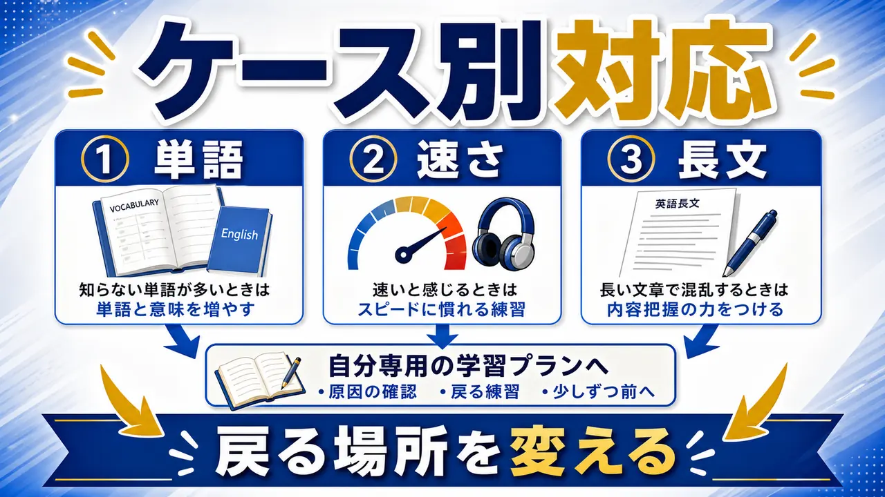 単語不足、速さ、長文、テスト不安のケース図