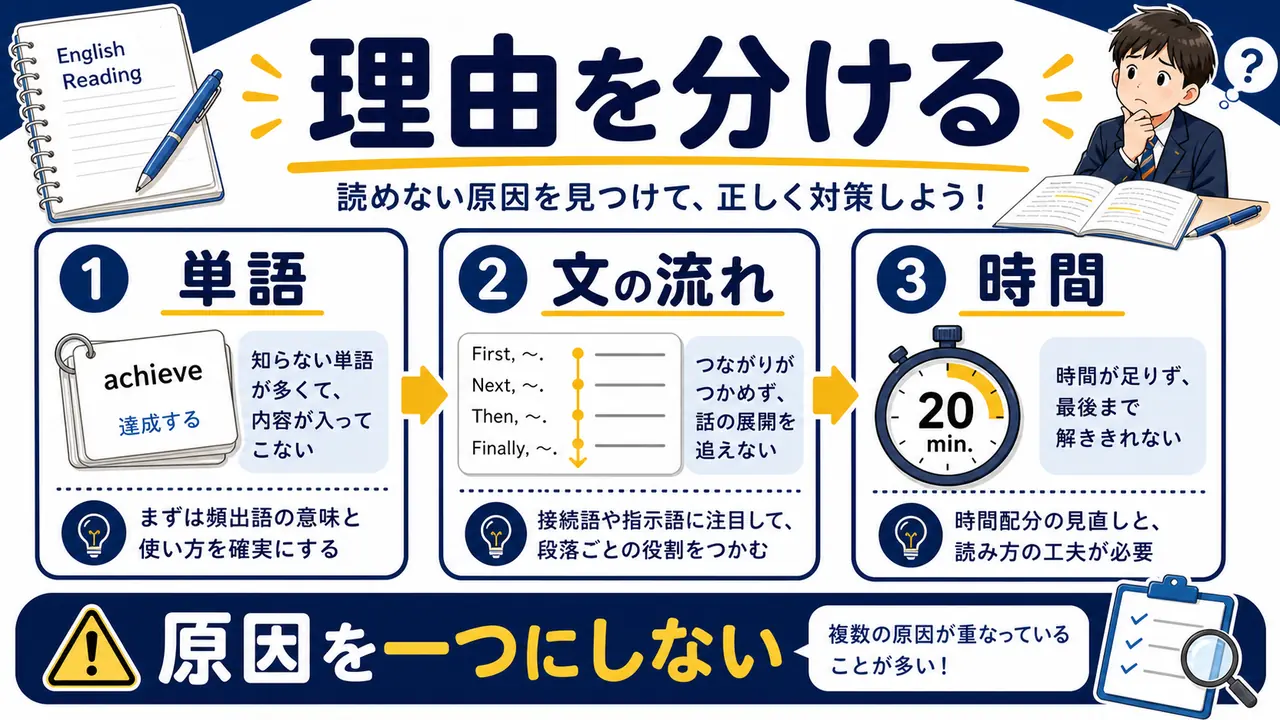 単語、文法、段落、時間配分を分ける図