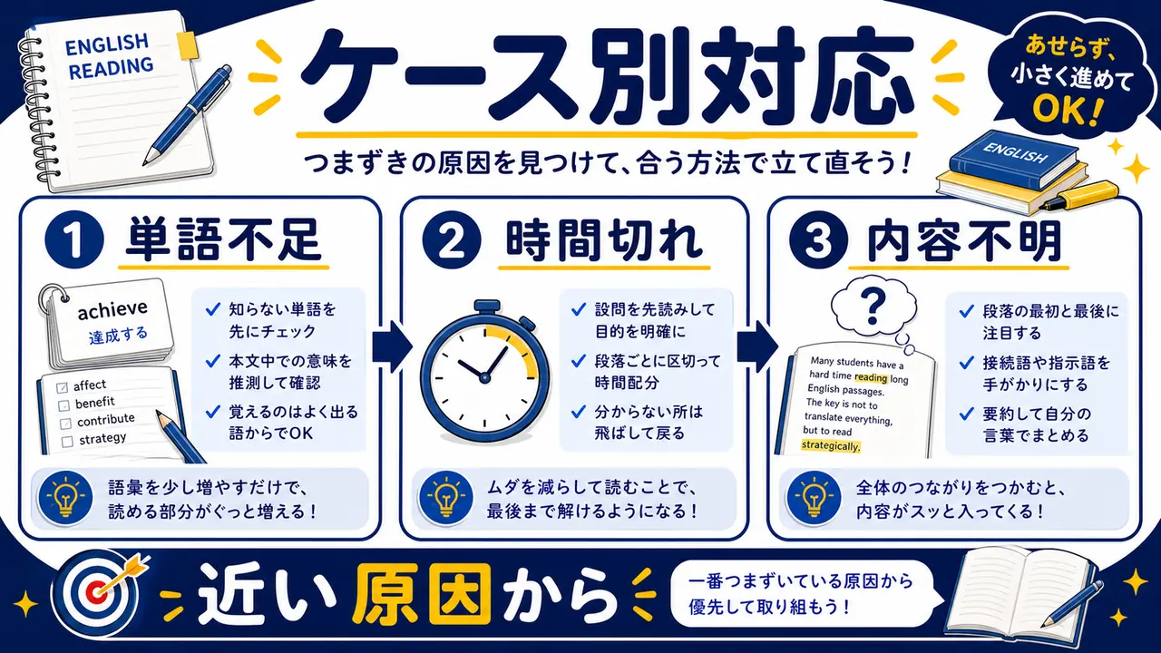 単語不足、文法、時間切れ、内容把握のケース図
