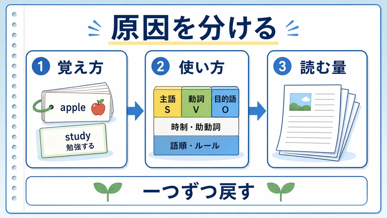 英語が苦手な理由を覚え方、使い方、読む量に分けて考える図