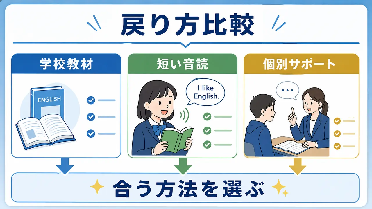 英語の戻り方を学校教材、短い音読、個別サポートで比べる図