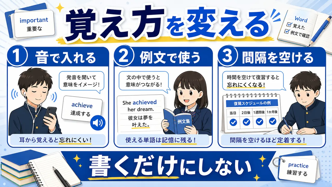 音、例文、復習間隔で英単語を覚える流れを示す図