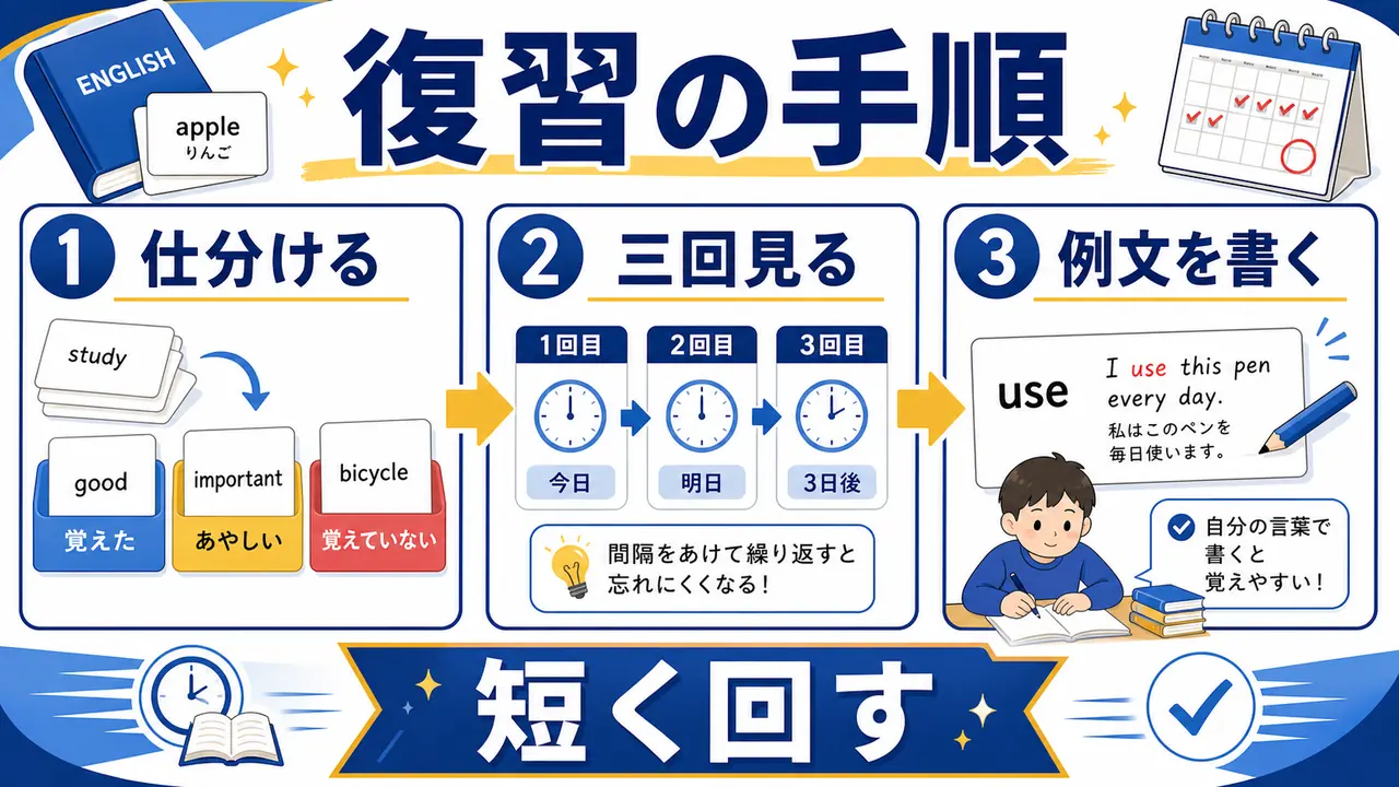 単語を仕分け、三回見直し、例文で使う手順の図