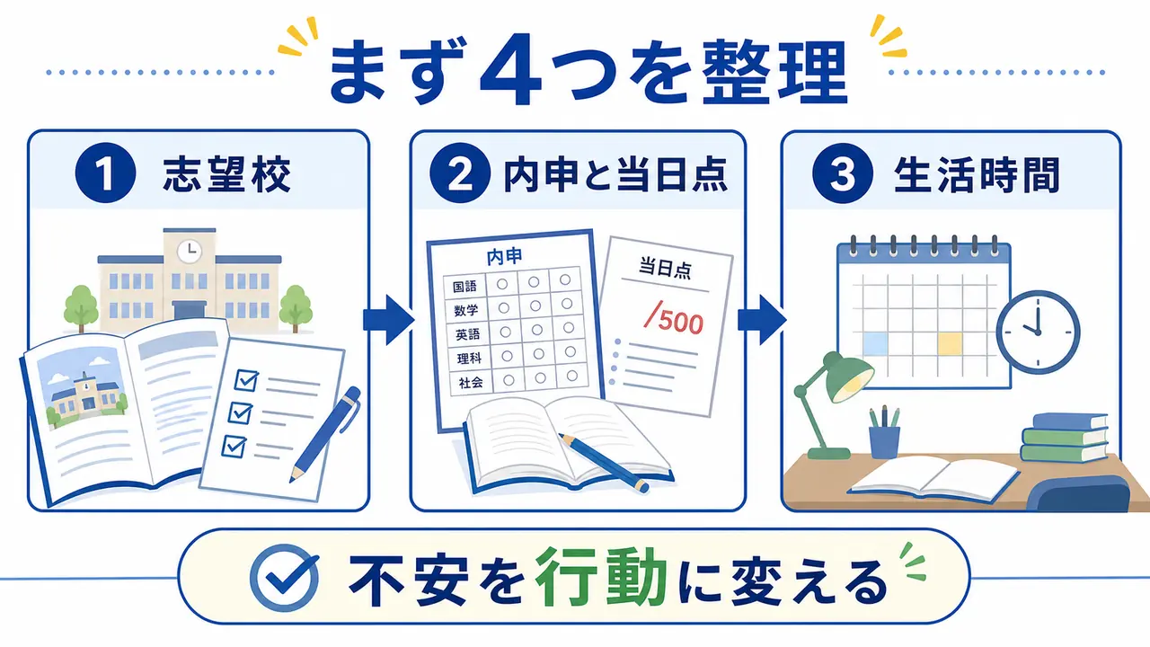 高校受験の不安を志望校、内申と当日点、生活時間に分けて整理する図