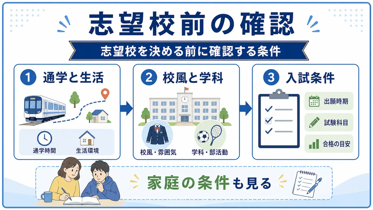 志望校を決める前に通学、校風と学科、入試条件を確認する図