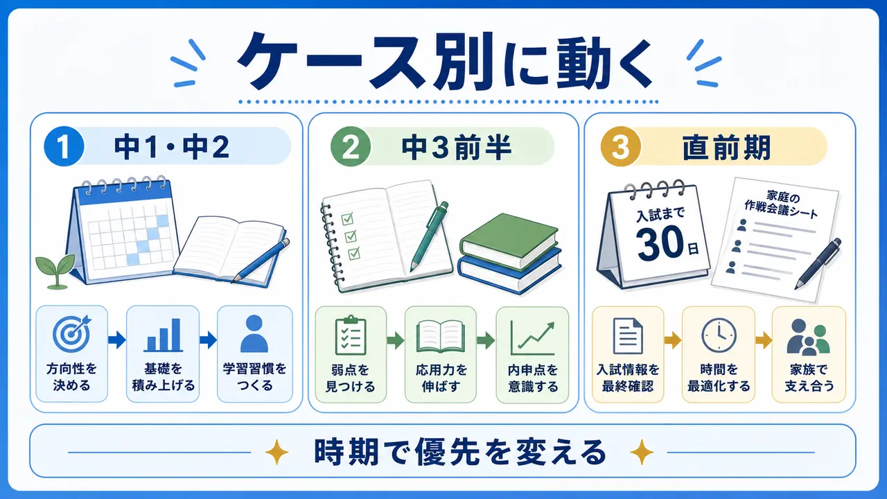 中1中2、中3前半、直前期で高校受験準備の優先順位を変える図