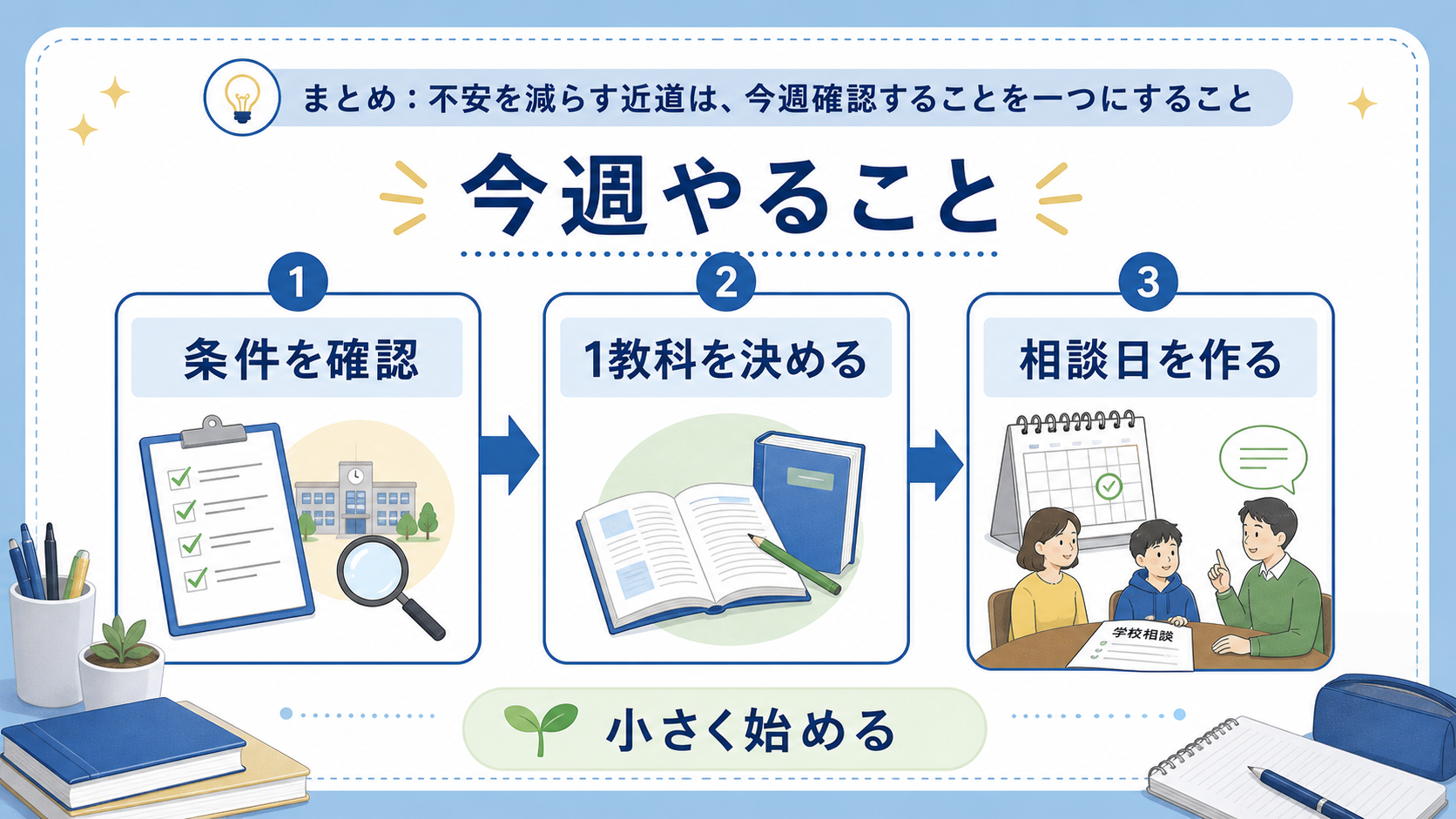 高校受験の不安を減らすために、条件確認、1教科、相談日を決める図