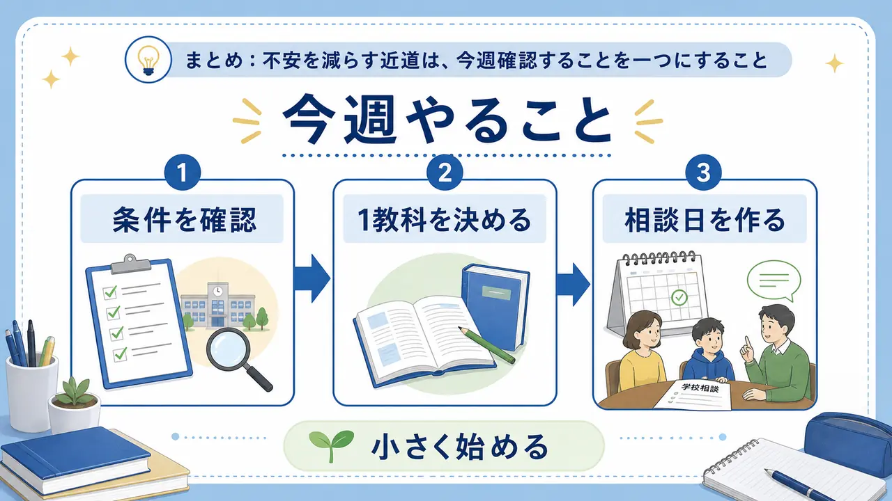 高校受験の不安を減らすために、条件確認、1教科、相談日を決める図