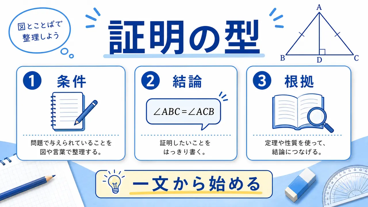 証明を条件、結論、根拠に分ける図