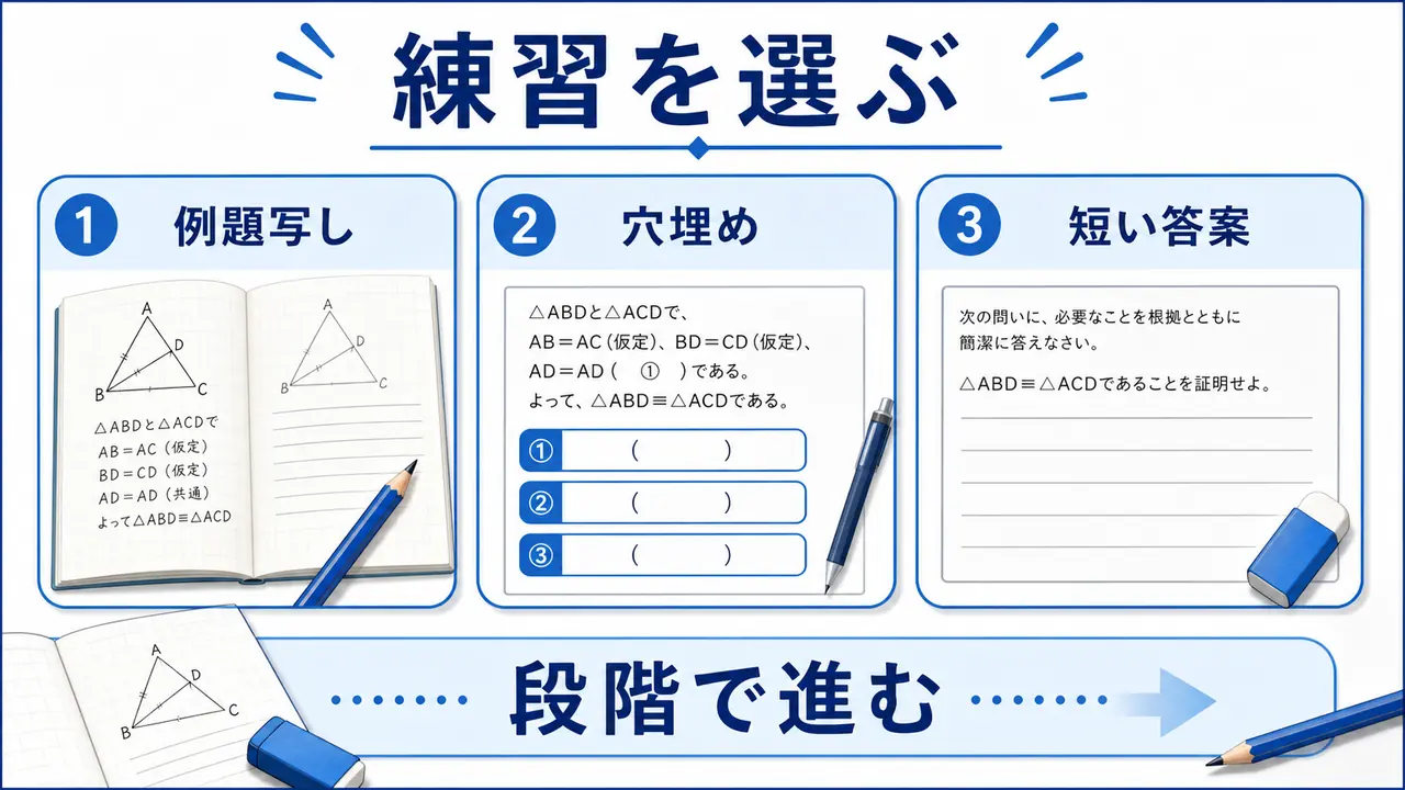例題写し、穴埋め、図の書き込み、答案作成を比べる図