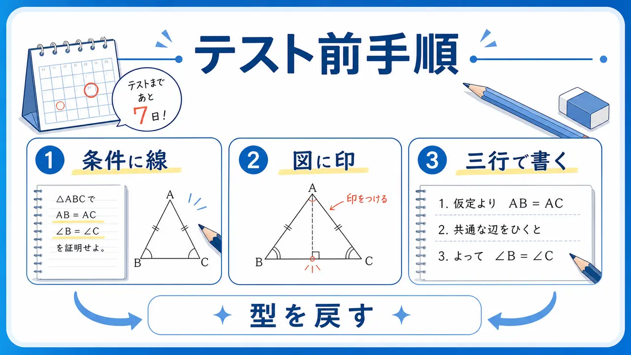 証明を定期テスト前に戻すステップ図