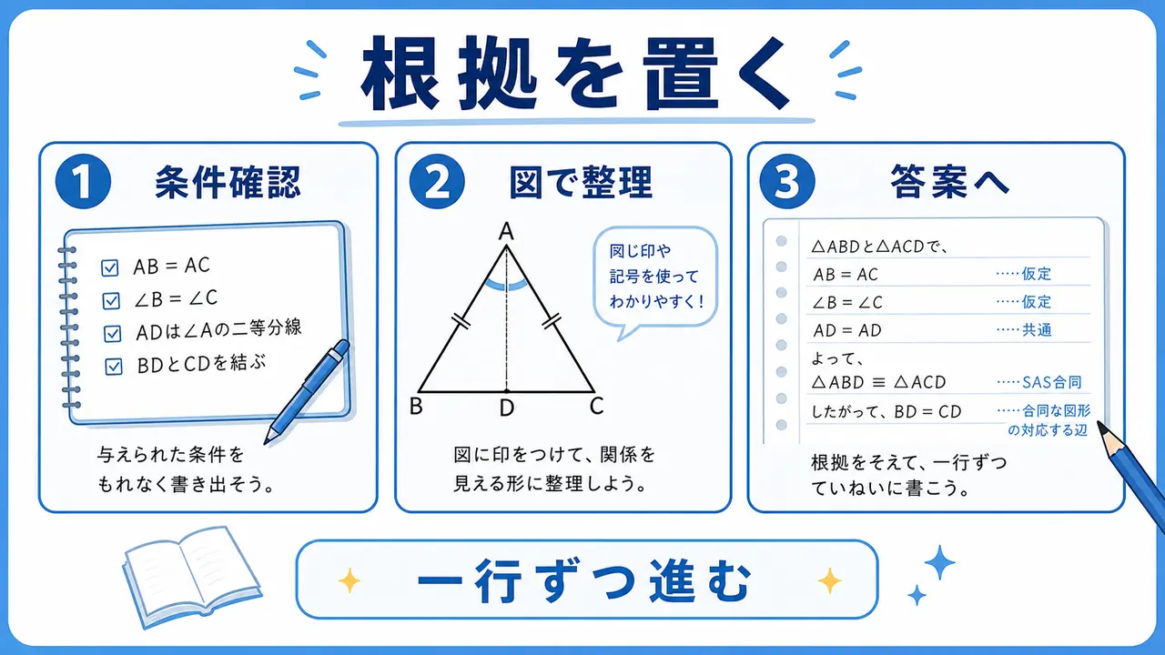 証明答案を一行ずつ組み立てるまとめ図