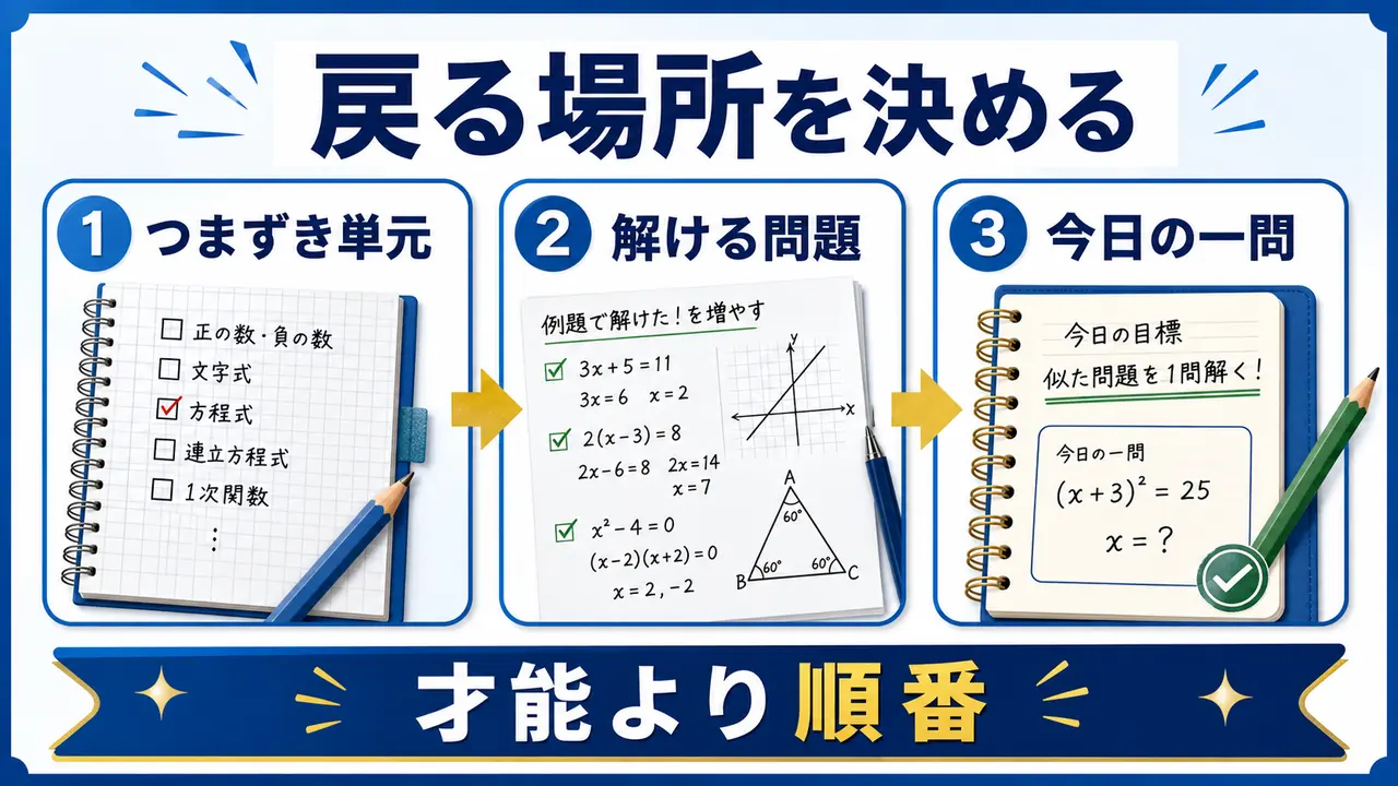 数学の苦手をつまずき単元、解ける問題、今日の一問に分けて戻る場所を決める図