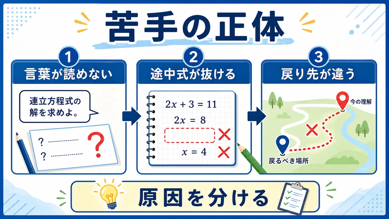 数学が苦手になる理由を言葉の読み取り、途中式、戻り先のずれに分ける図
