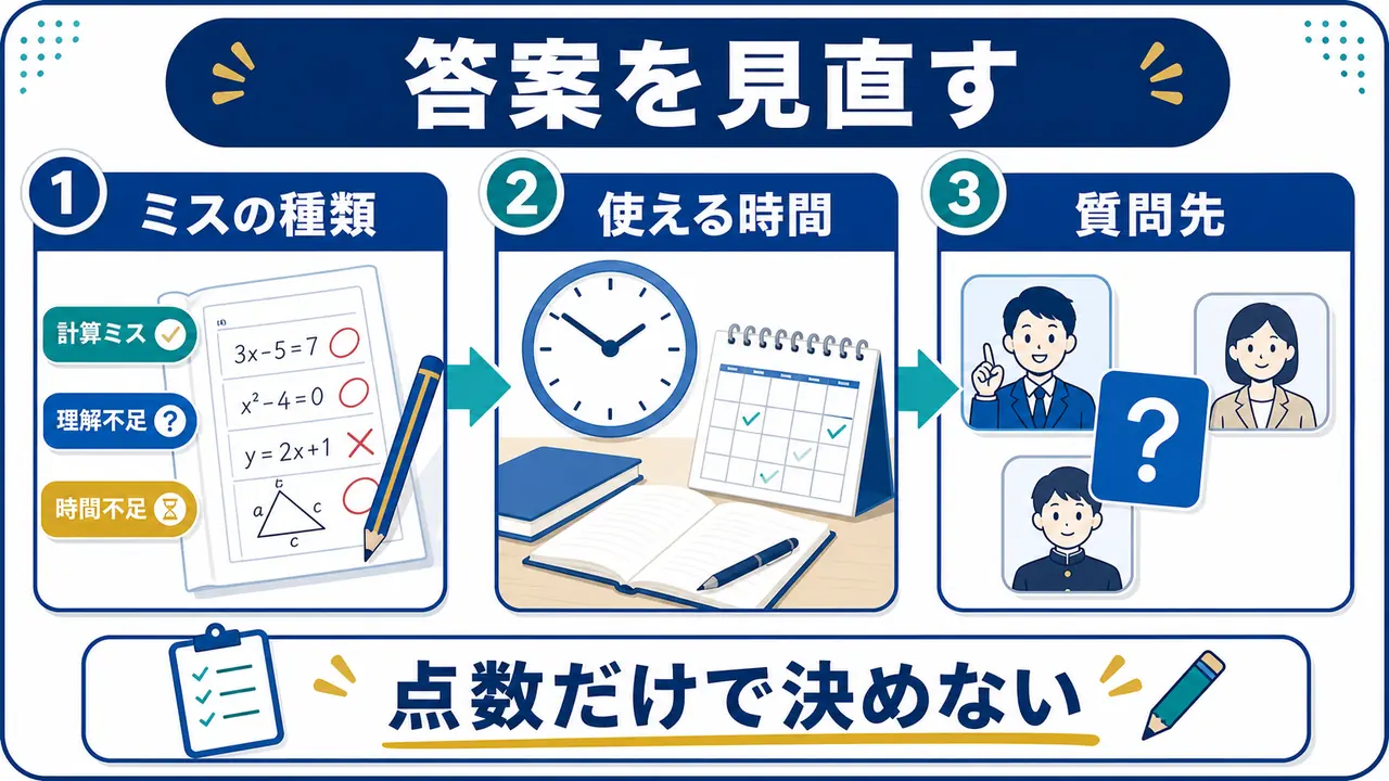 答案のミスの種類、使える時間、質問先を確認して数学の戻り方を決める図