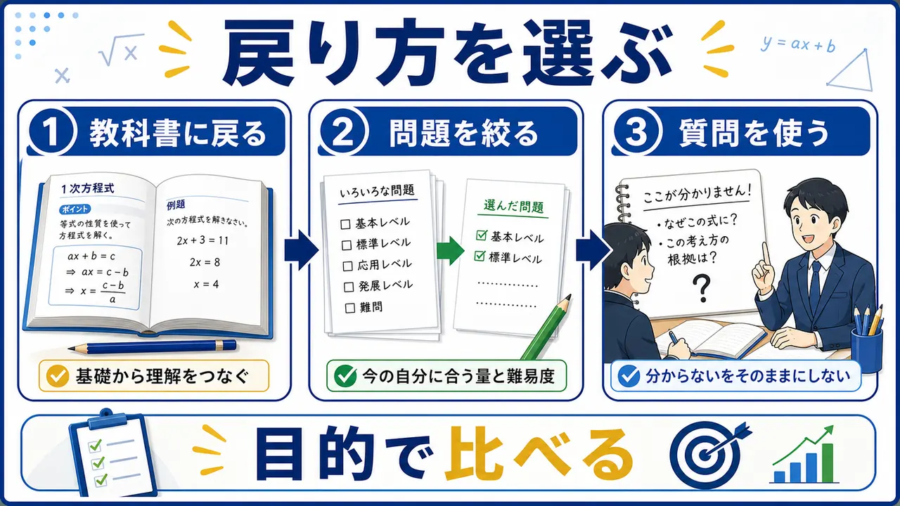 教科書に戻る、問題を絞る、質問を使う数学の戻り方を比較する図
