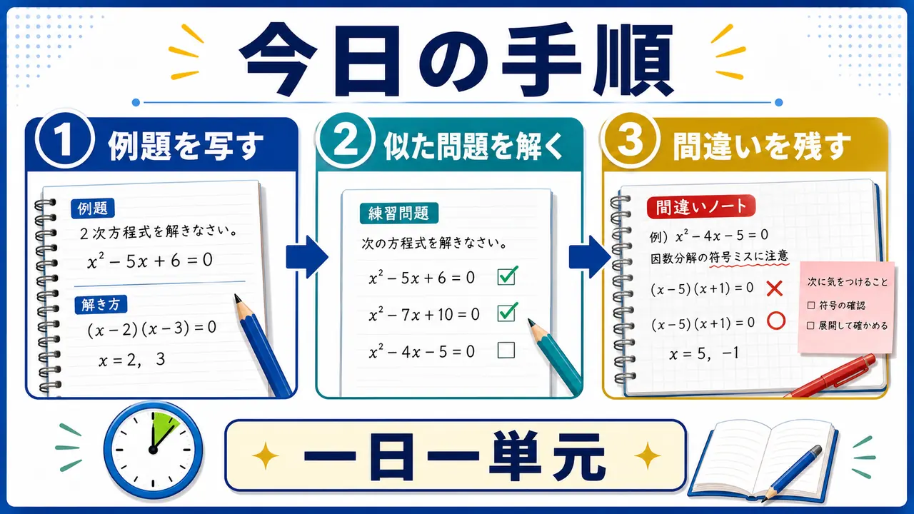 例題を写す、似た問題を解く、間違いを残す数学の勉強手順