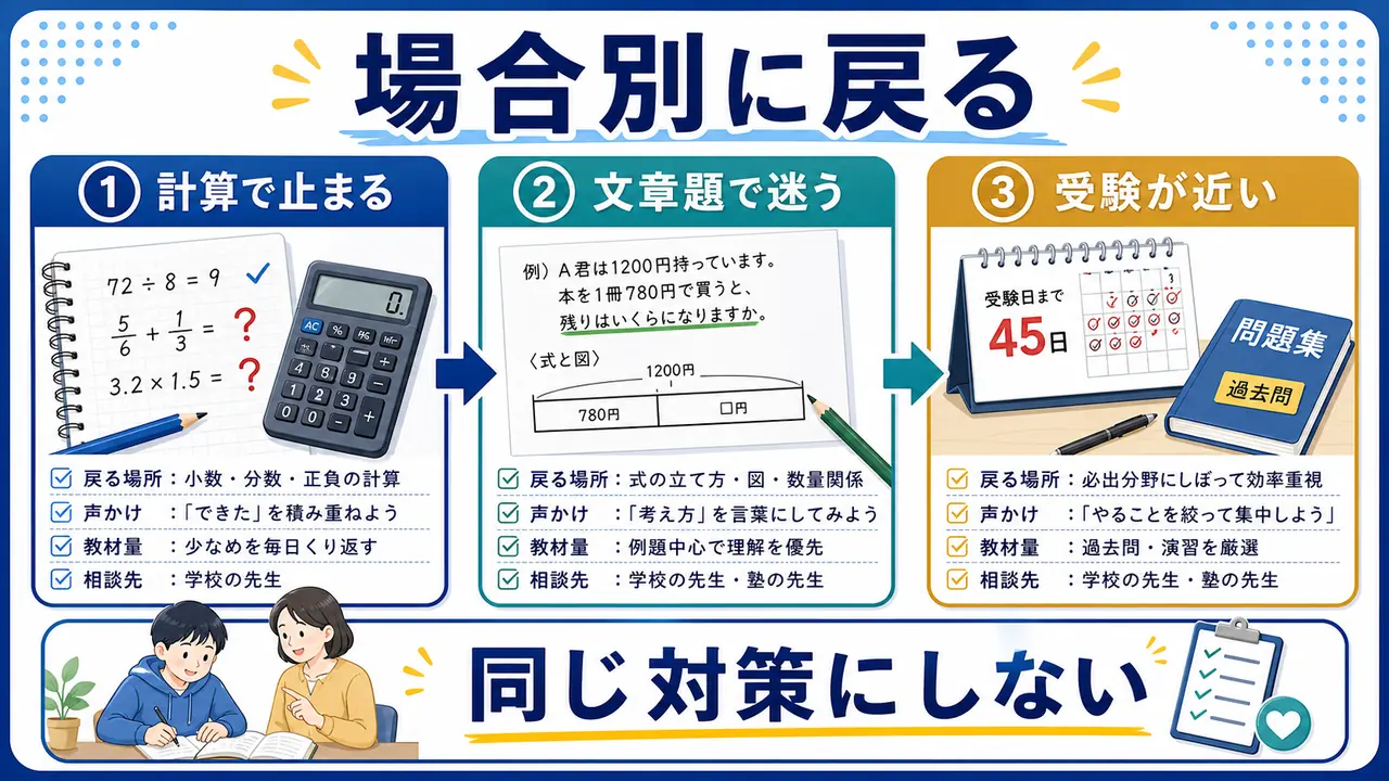 計算で止まる、文章題で迷う、受験が近い場合の数学の戻り方を分ける図