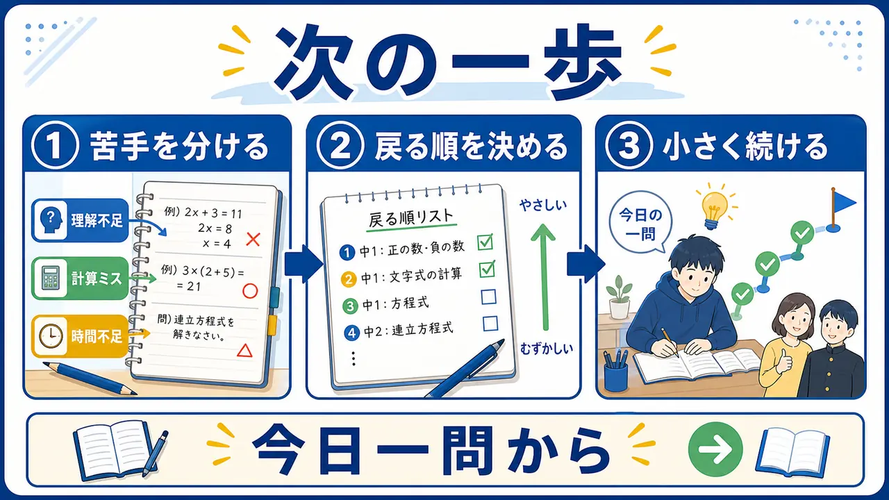 数学の苦手を分け、戻る順を決め、今日一問から小さく続けるまとめ図