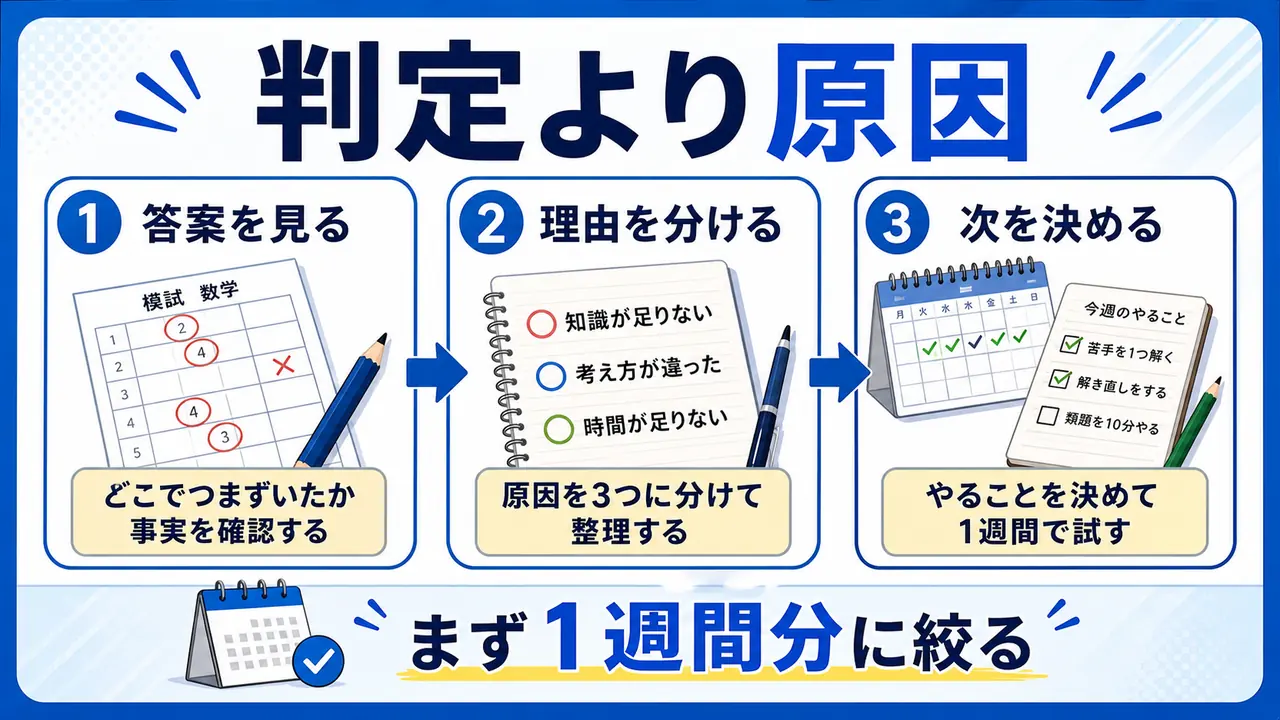 模試の判定より答案を見て理由を分け次を決める流れを示す図