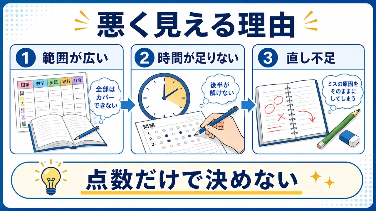 模試の判定が悪く見える理由を範囲の広さ、時間不足、直し不足に分けて示す図
