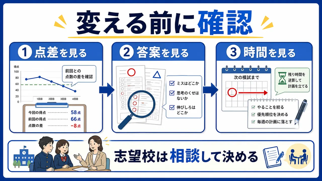 志望校を変える前に点差、答案、残り時間を確認する図